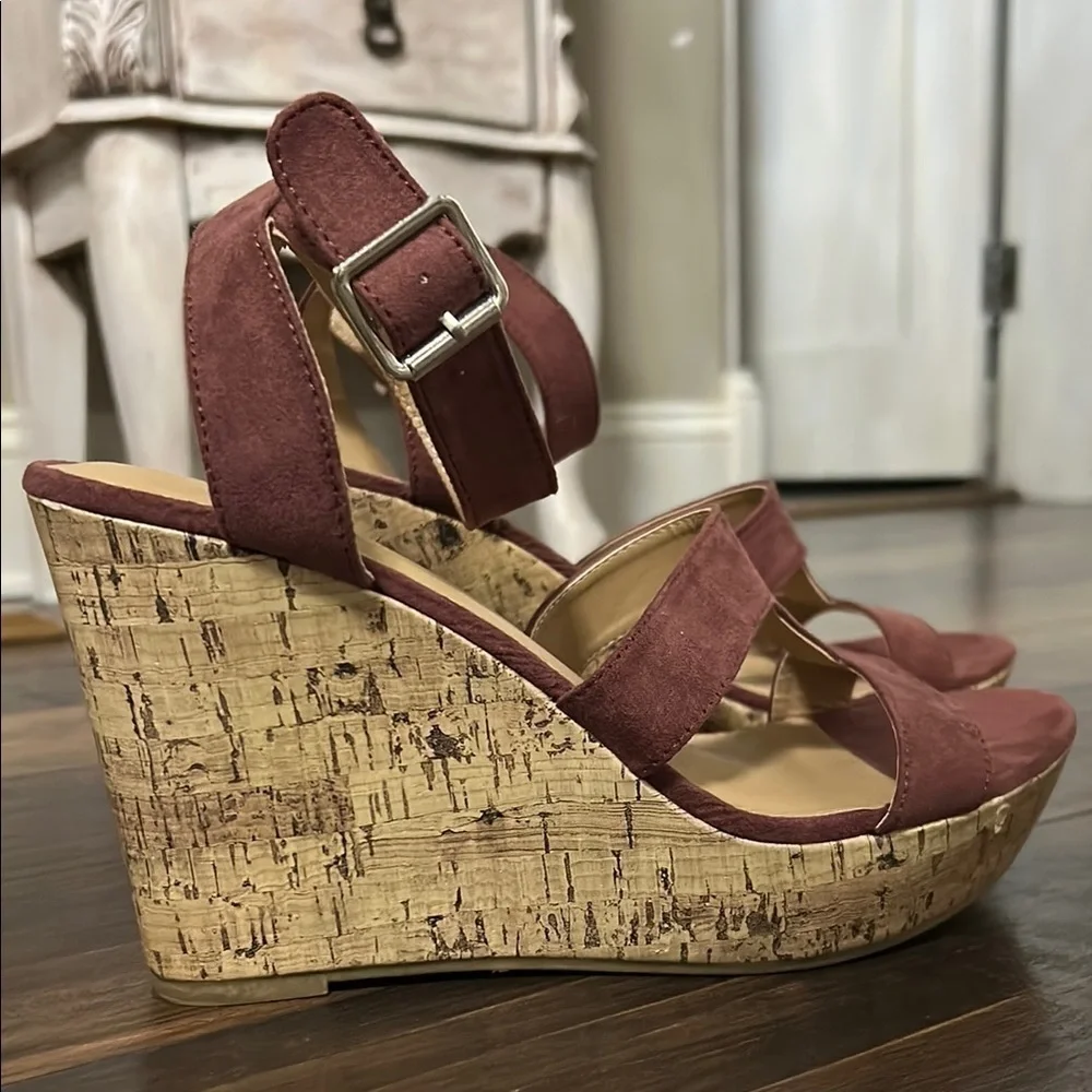 Maurices Burgandy Wedge Sandals with Ankle Strap